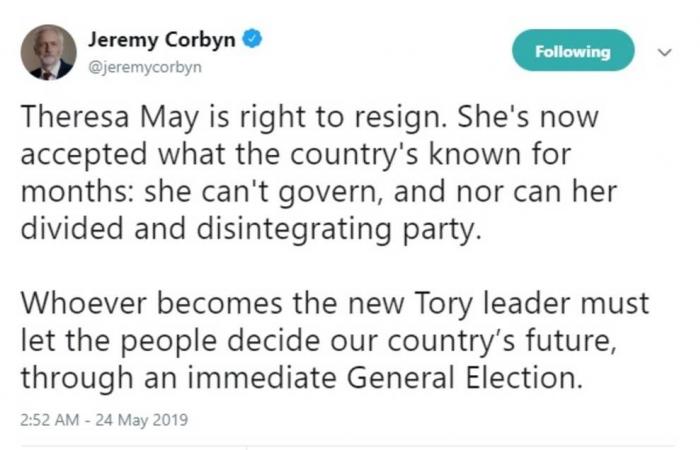 زعيم حزب المعارضة في بريطانيا يدعو لعقد انتخابات بعد استقالة"ماي"