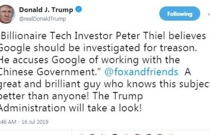 ترامب: سنتحرى المزاعم بشأن عمل جوجل مع الصين