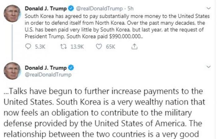 ترامب: كوريا الجنوبية ستدفع لنا أموالاً إضافية لحمايتها