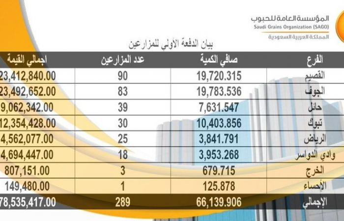 الحبوب السعودية تبدأ إيداع الدفعة الأولى لمشتريات القمح المحلي