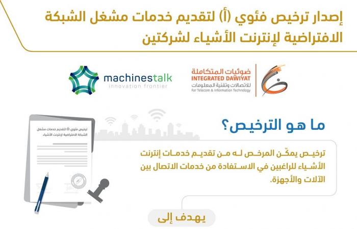 هيئة الاتصالات السعودية تسلم رخصة مشغل الشبكة الافتراضية لإنترنت الأشياء لشركتين