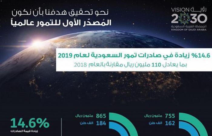 صادرات التمور السعودية ترتفع 14.6% خلال 2019