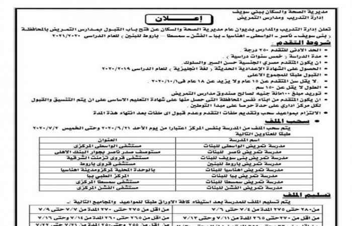 250 درجة للقبول بمدارس التمريض في بني سويف