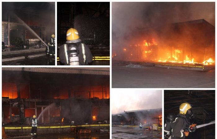 بالصور.. إخماد حريق التهم 42 محل خضار بسوق "سكاكا".. ولا إصابات