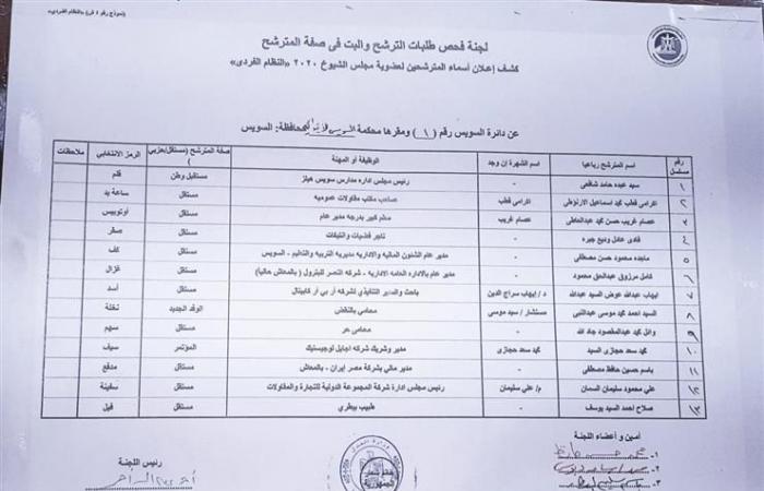 13 بينهم سيدة.. القائمة النهائية لمرشحي السويس بعد استبعاد 4 مرشحين (مستند)