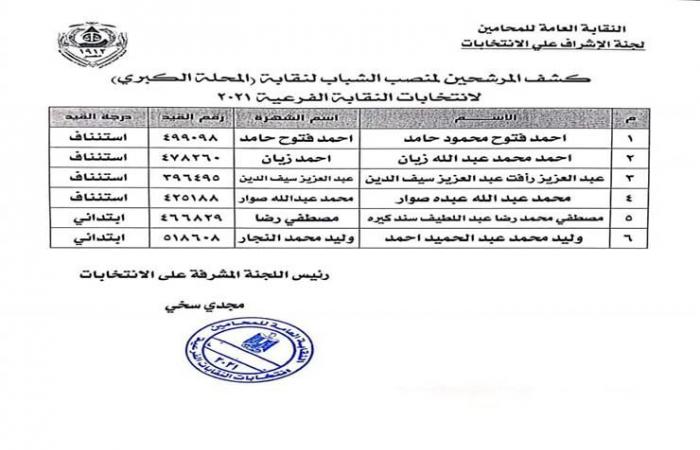 ننشر الكشوف النهائية للمرشحين على مقاعد مجلس نقابة المحلة الكبرى الفرعية