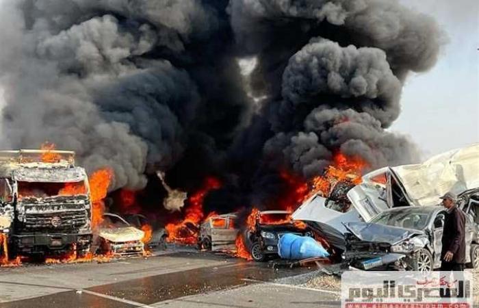 قرار عاجل من النيابة في حادث طريق الأوسطي.. و 10 سيارات إسعاف في مكان الحادث