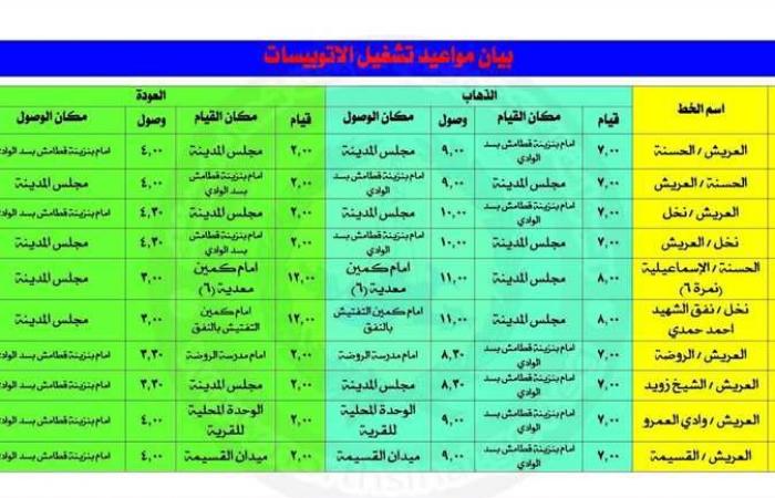 شمال سيناء تعلن عن خطوط سير ومواعيد تشغيل الأتوبيسات الجديدة