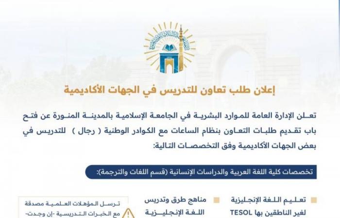 قبول طلبات التعاون مع الكوادر الوطنية للتدريس في الجامعة الإسلامية