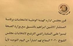 قرار من "الوطنية للانتخابات" بشأن توقيع الكشف الطبي على راغبي الترشح للشيوخ