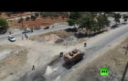 آثار تفجير استهدف دورية روسية تركية مشتركة في إدلب