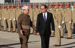 رئيس إقليم كردستان العراق يستقبل هولاند لدى وصوله مطار أربيل
